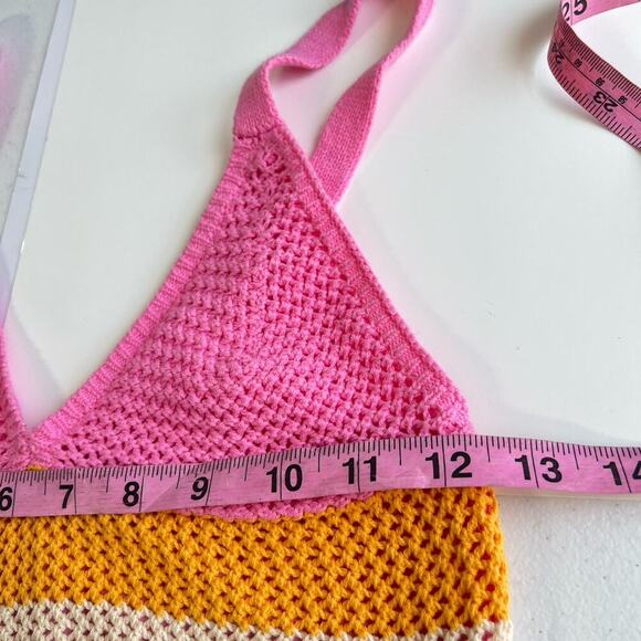 Y2K Crochet Crop Top Multicolor Size XS Babydoll Halter Boho Hippie - Picture 9 of 9